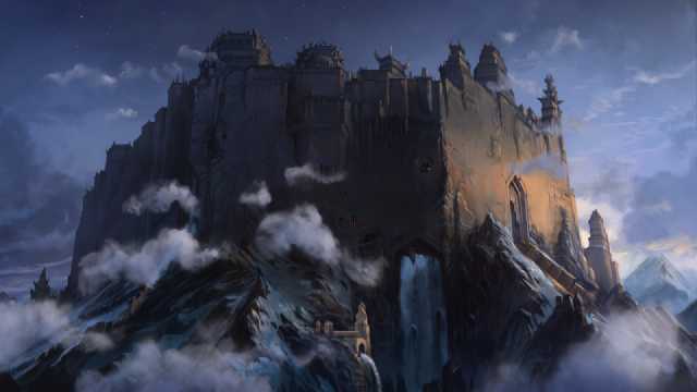 L'imponente cittadella di Drakonia che si erge sul Vallo di Rashtul. (Screenshot tratto da “Memoria” di Daedalic Entertainment.)